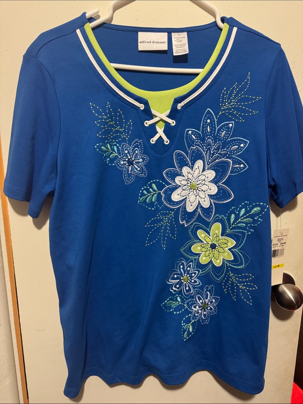 Alfred Dunner Blue Floral Lace-Up Short Sleeve Top